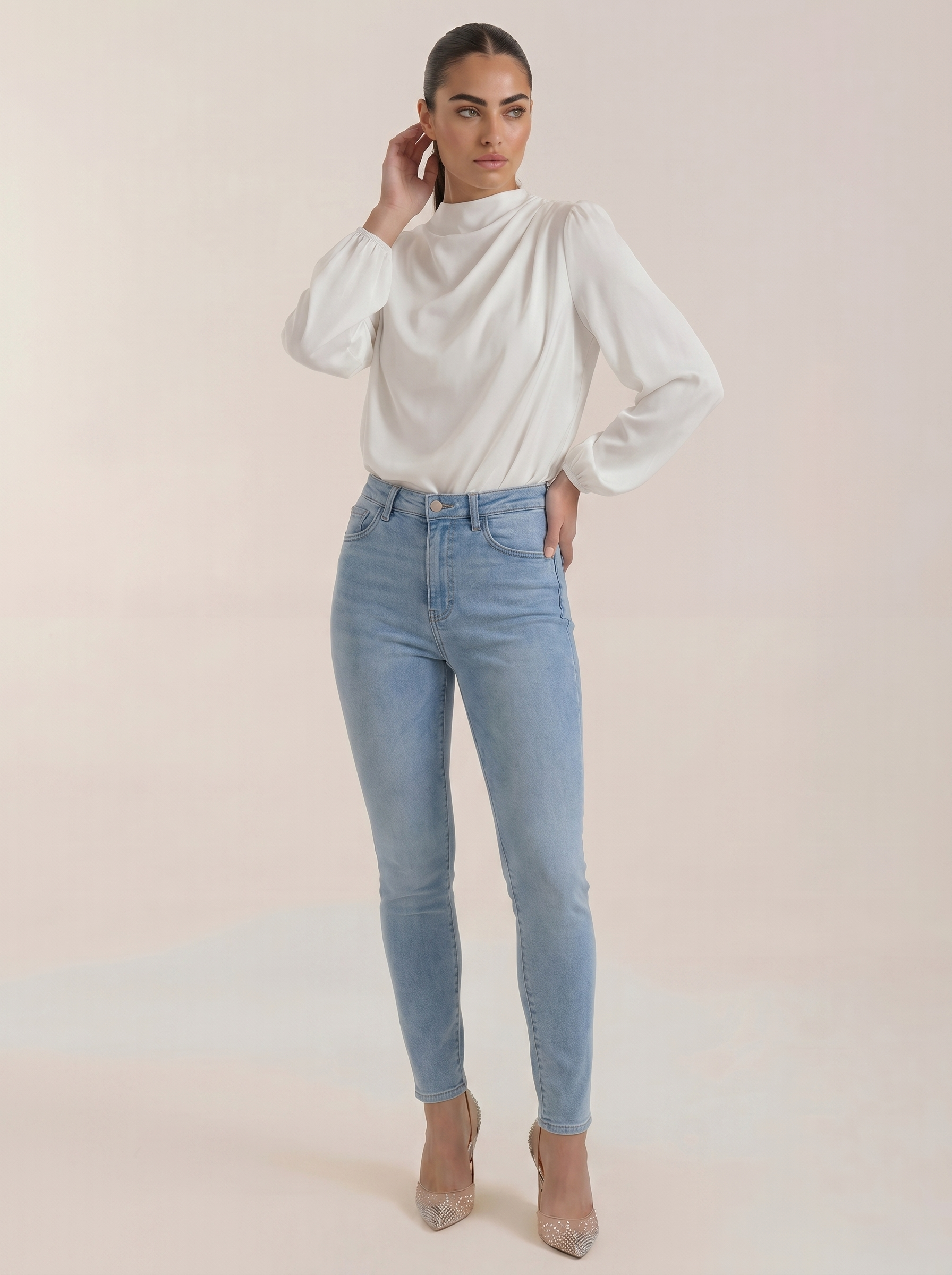 White draped long-sleeve blouse with cowl neckline and voluminous sleeves