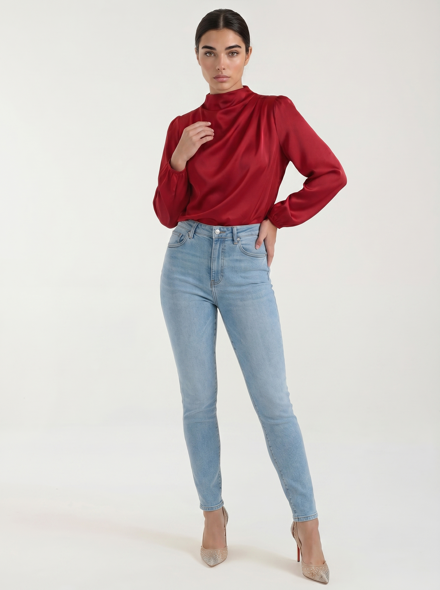 Red draped long-sleeve blouse with cowl neckline and gathered sleeve cuffs