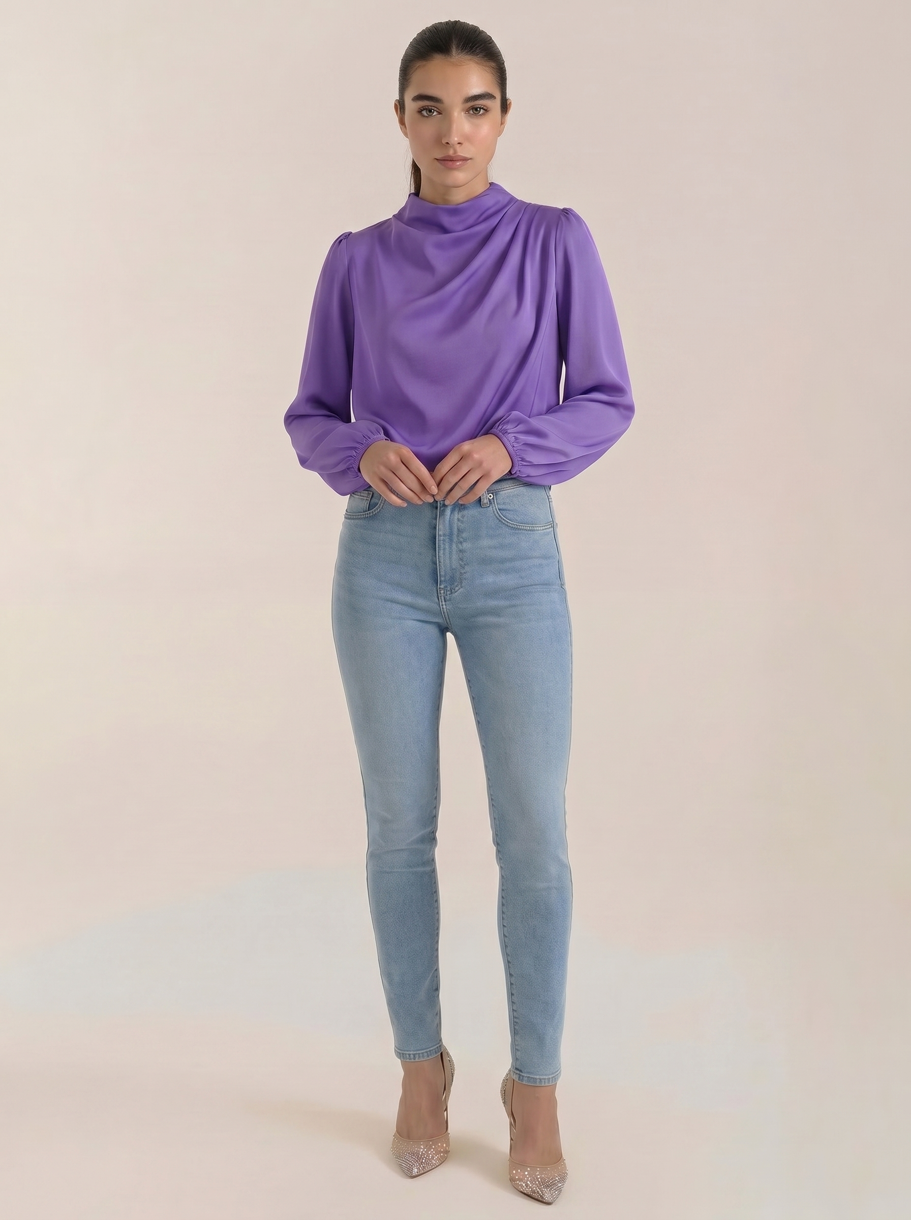 Purple draped long-sleeve blouse with cowl neckline and elastic cuffs