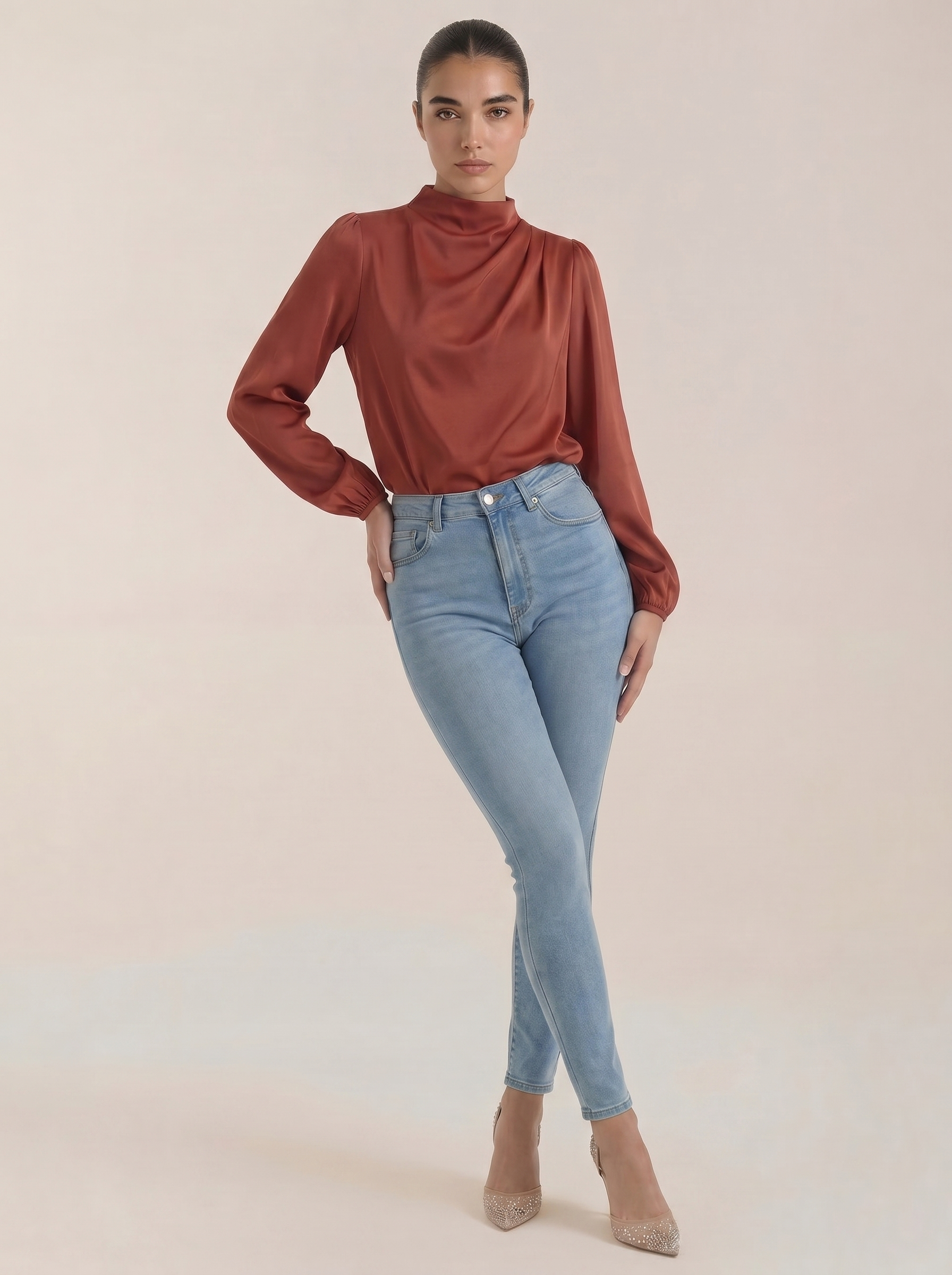 Rust red draped long-sleeve blouse with cowl neckline and gathered shoulders