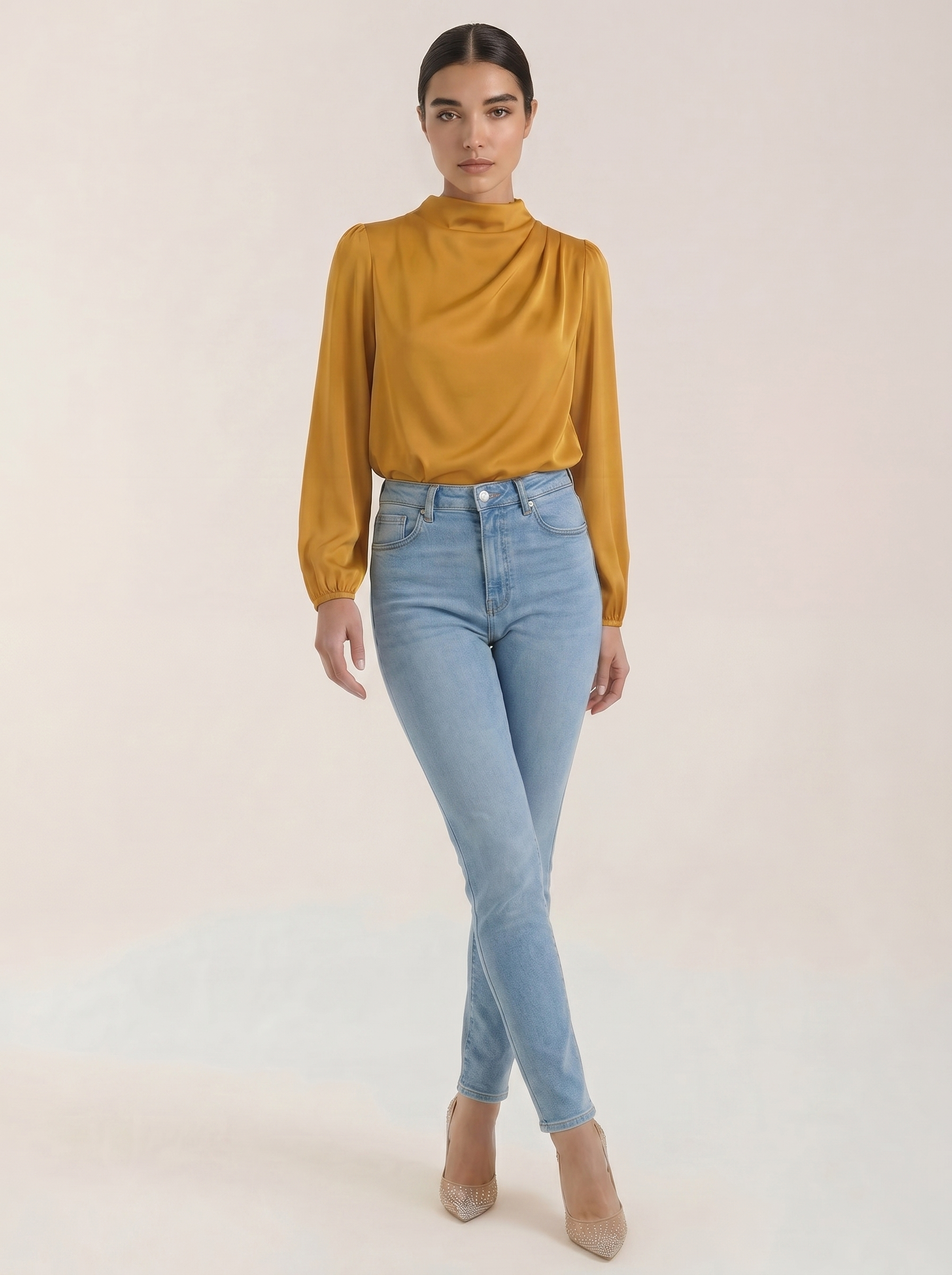 Mustard draped long-sleeve blouse with cowl neckline and gathered shoulders