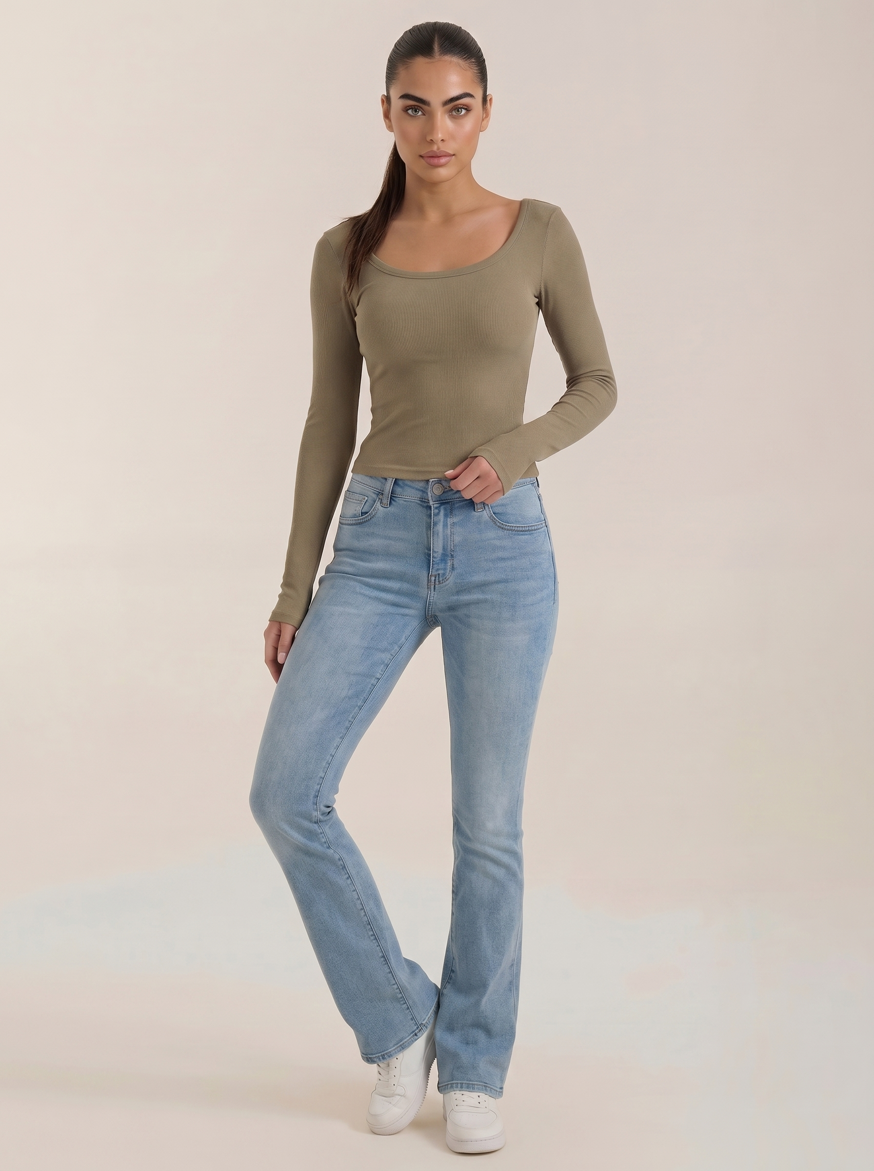 Olive scoop neck long sleeve top with ribbed knit