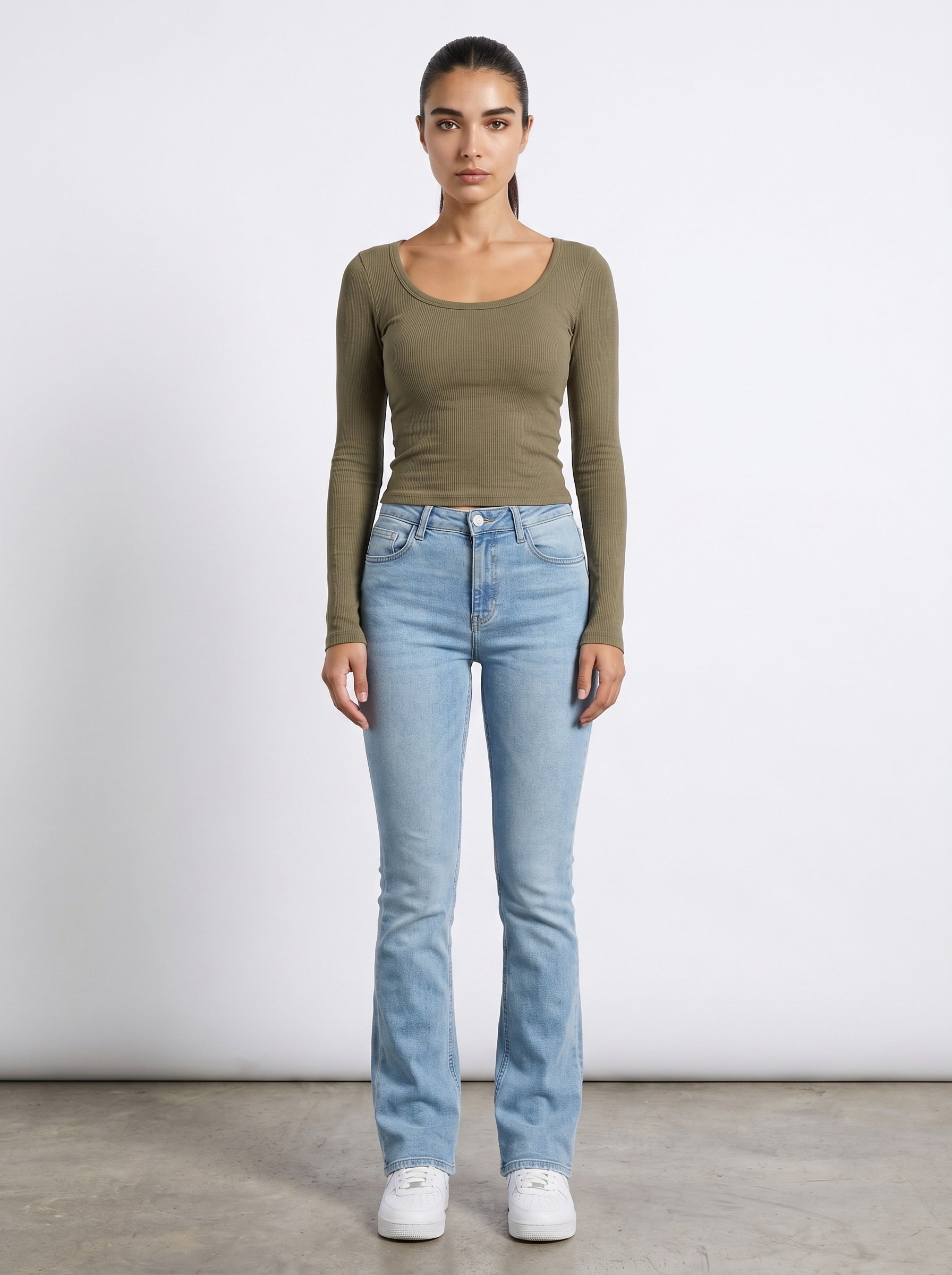 Olive scoop neck long sleeve top, long sleeves