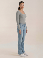 Gray scoop neck long sleeve top, fitted ribbed knit