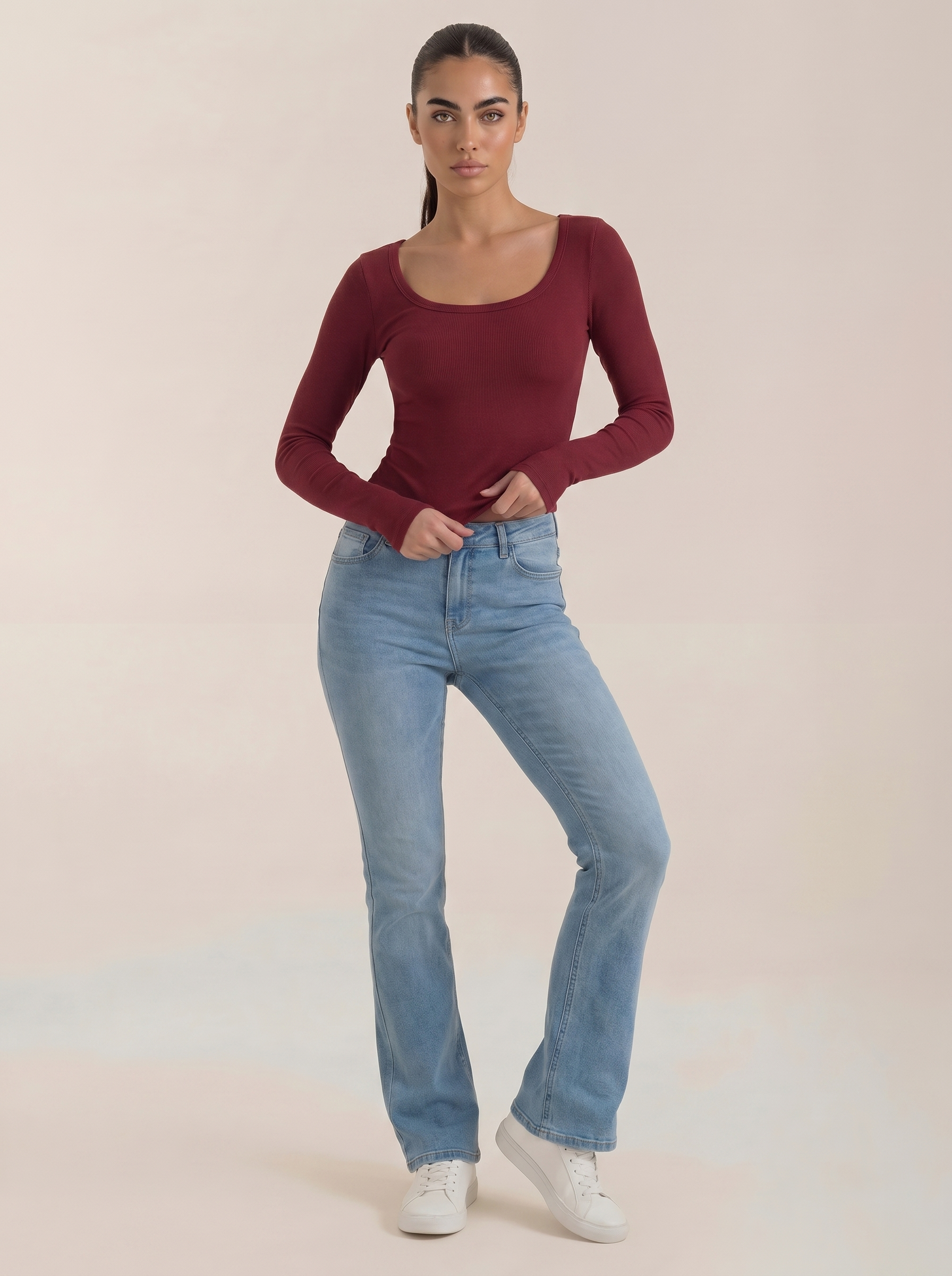 Red scoop neck long sleeve top with fitted ribbed knit