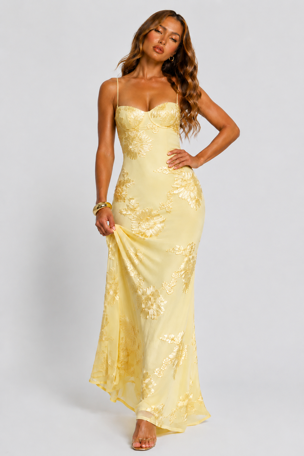 Yellow floral jacquard maxi dress with corset bodice, sweetheart neckline, ankle-length