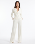 Off-white V-neck blazer jumpsuit with long sleeves, wide-leg pants, belted waist