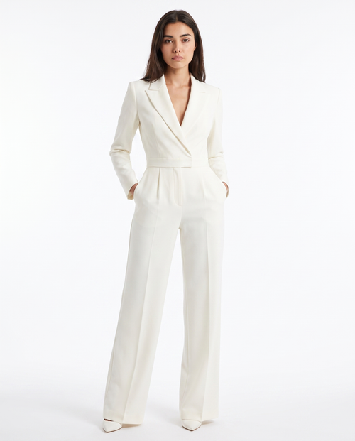 Off-white V-neck blazer jumpsuit with long sleeves, wide-leg pants, belted waist