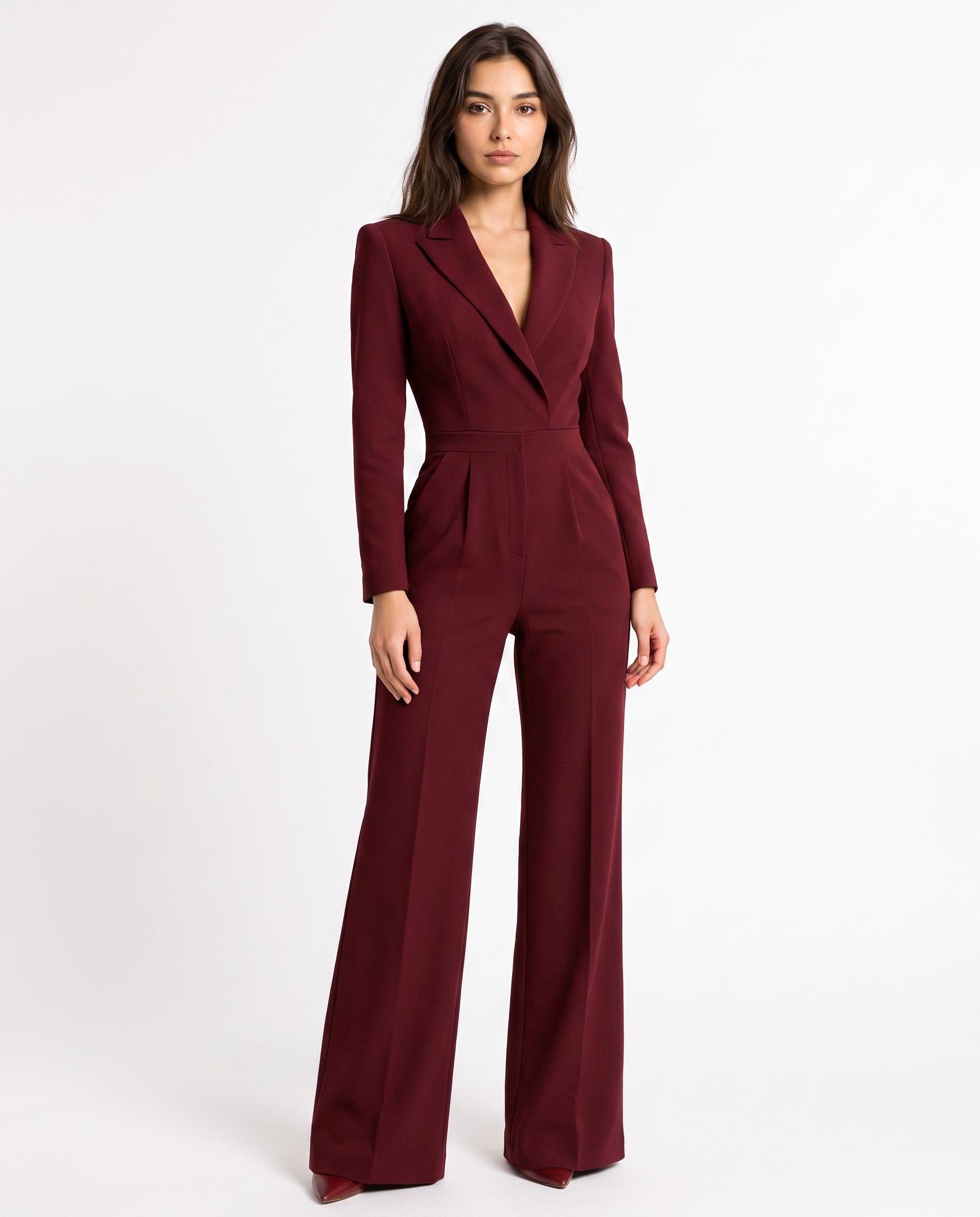 Burgundy V-neck blazer jumpsuit with long sleeves and wide-leg pants