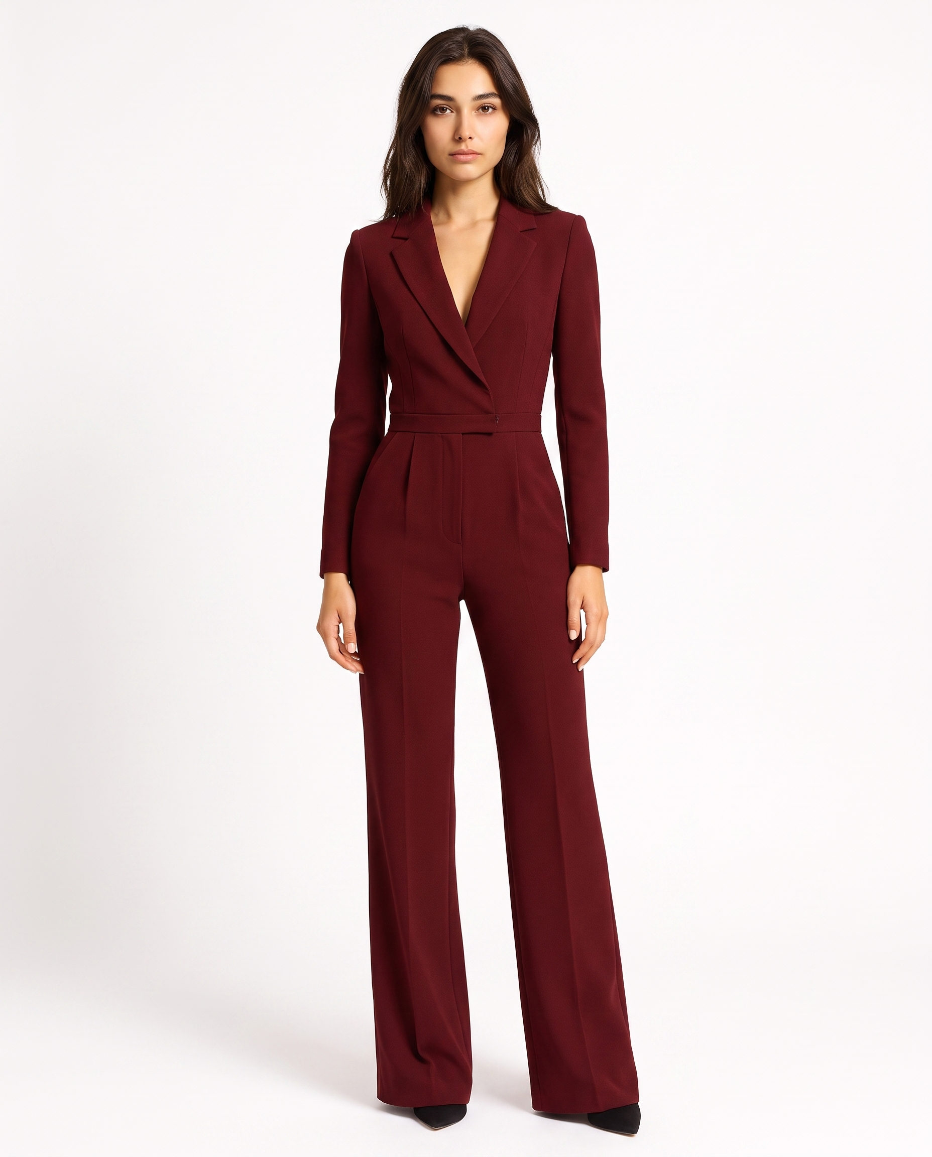 Burgundy V-neck blazer jumpsuit with tailored lapels and wide-leg pants