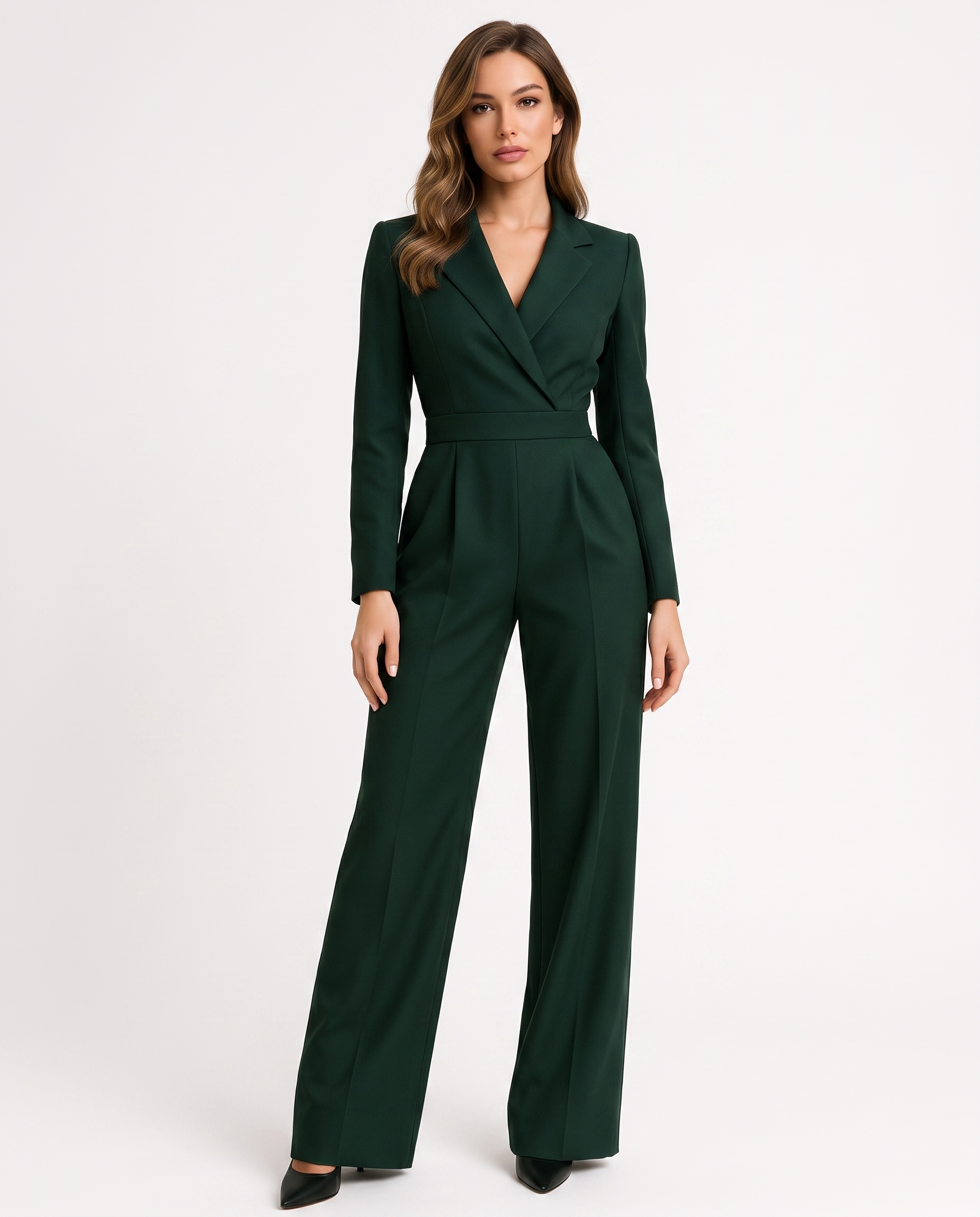 Green V-neck blazer jumpsuit with long sleeves and wide-leg trousers
