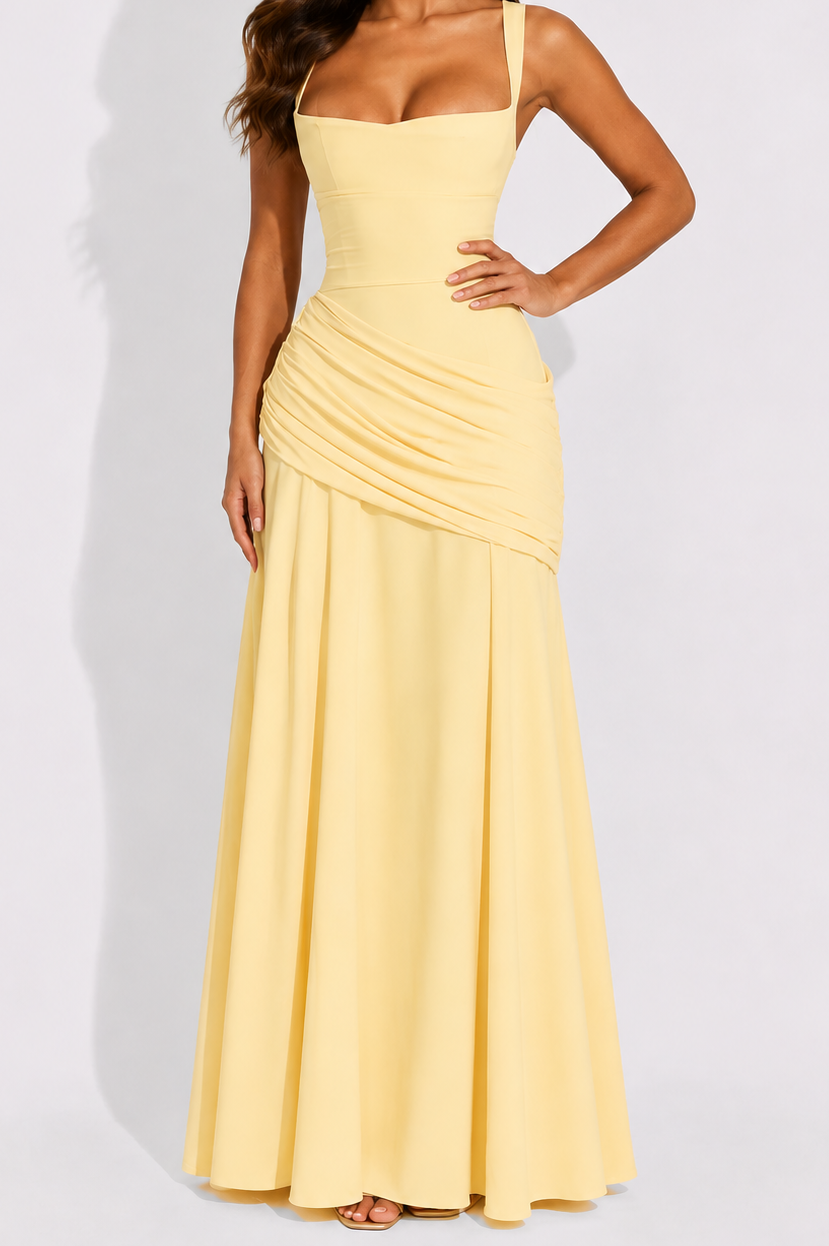 Yellow maxi dress with square neckline and draped waist, sleeveless, long skirt.