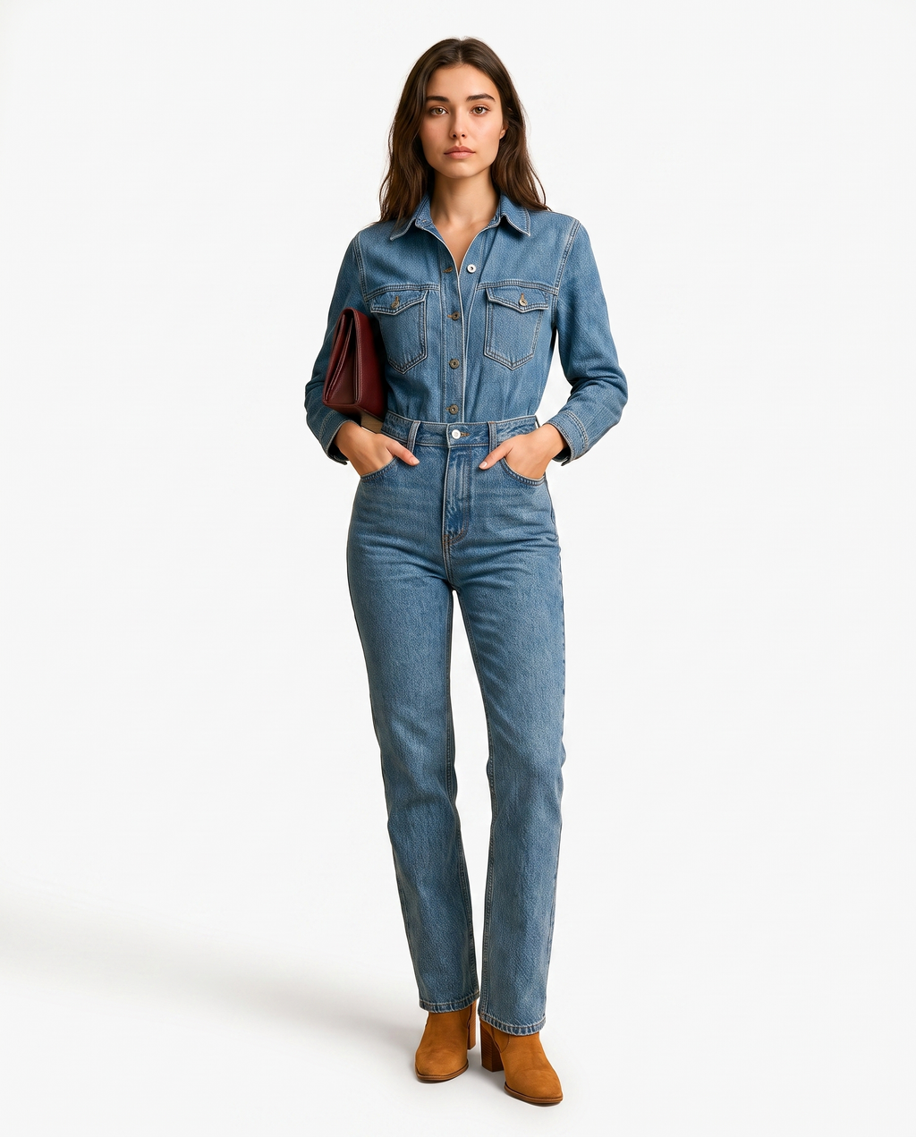 Women's blue denim jumpsuit with chest patch pockets, belted waist, straight legs