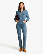 Women's blue denim jumpsuit with chest patch pockets, belted waist, straight legs