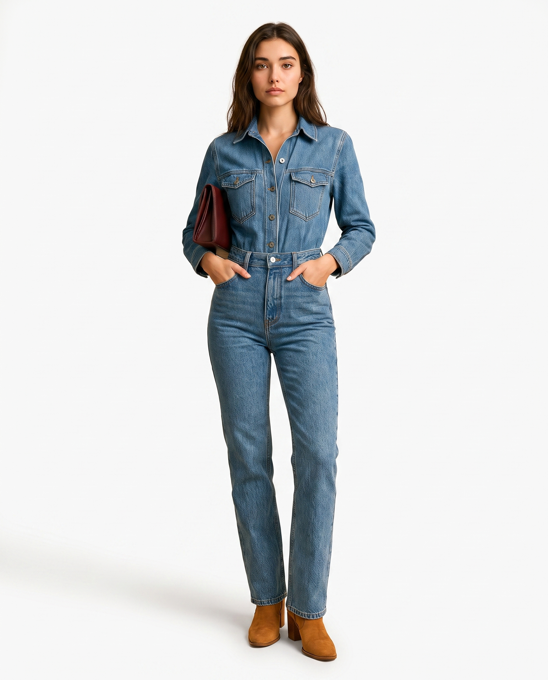 Women's blue denim jumpsuit with chest patch pockets, belted waist, straight legs