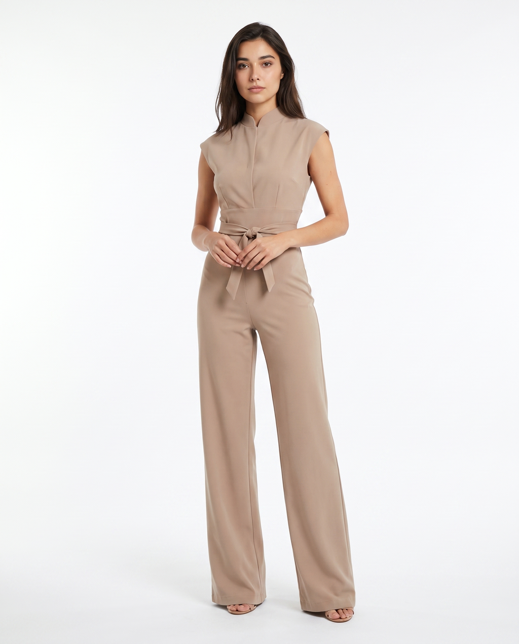 Beige sleeveless wide-leg jumpsuit with zip-front and tie-waist belt, front view