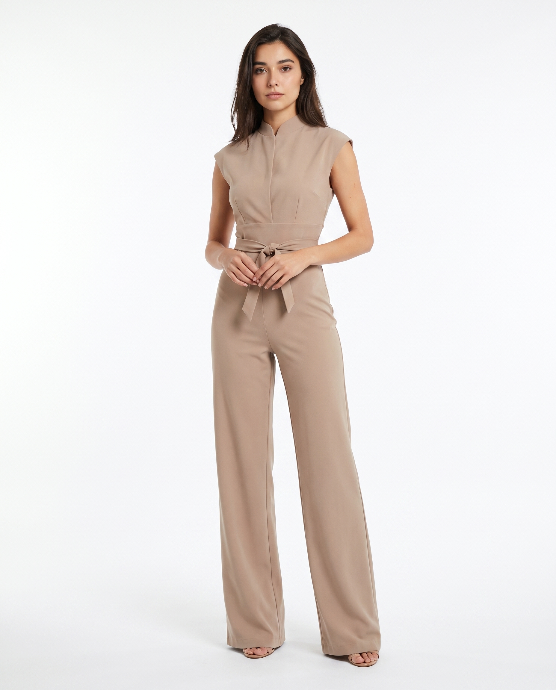 Beige sleeveless wide-leg jumpsuit with zip-front and tie-waist belt, front view