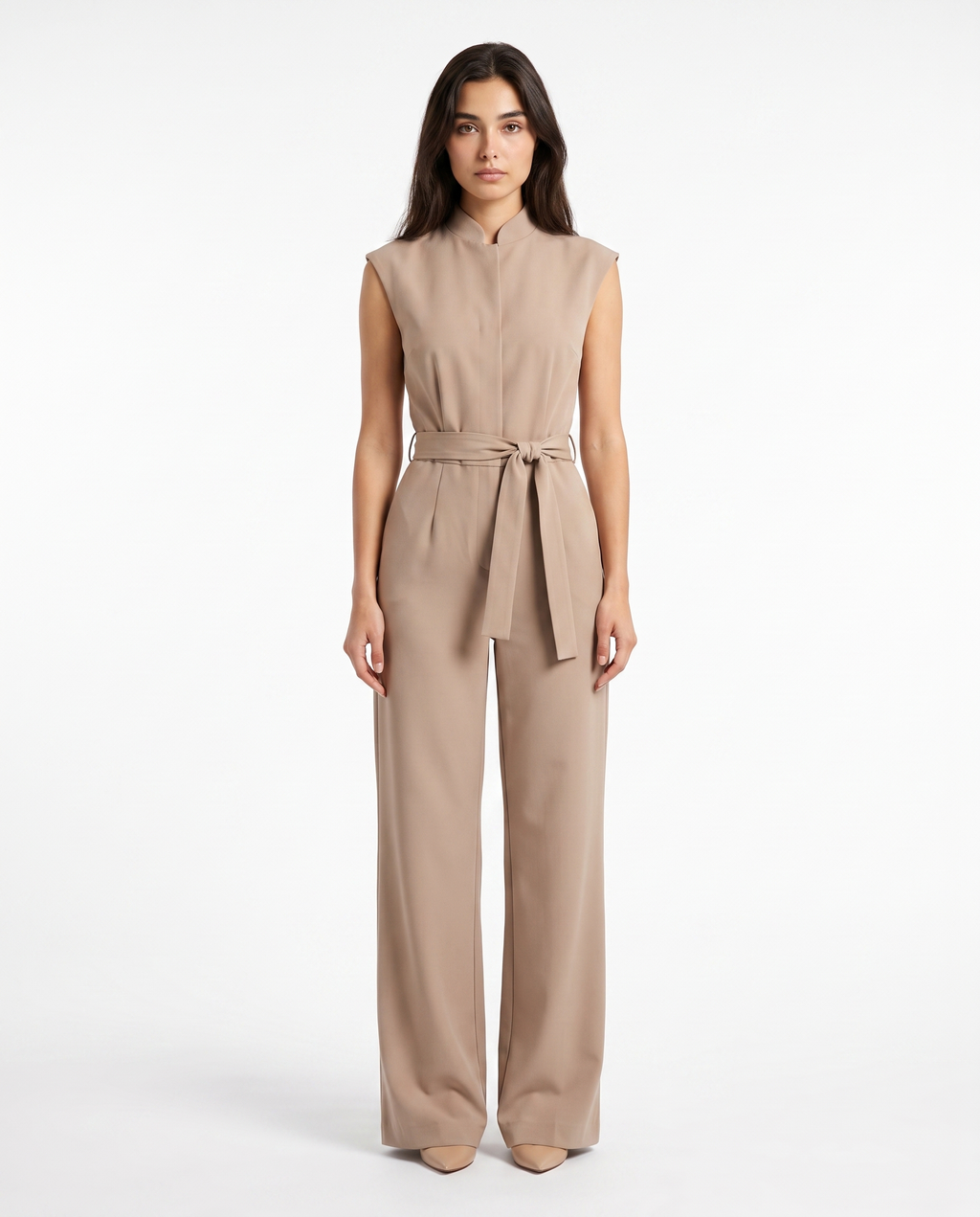 Beige sleeveless wide-leg jumpsuit with tied waist belt and zip-front, straight-on