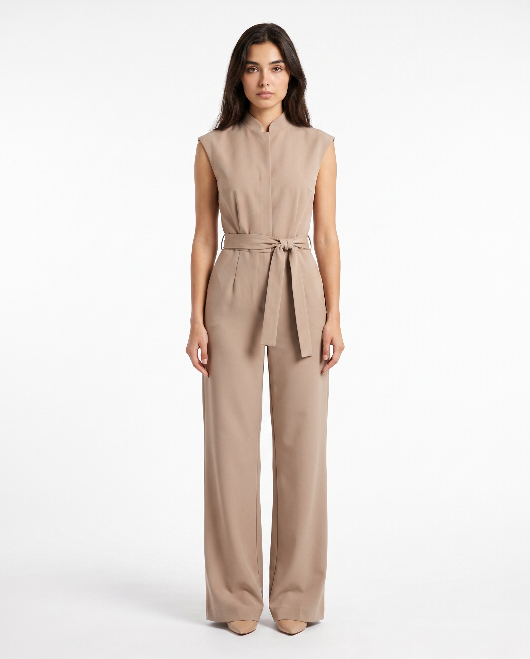 Beige sleeveless wide-leg jumpsuit with tied waist belt and zip-front, straight-on