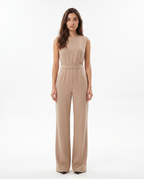 Beige sleeveless wide-leg jumpsuit with sash tie at waist and zip-front, front view