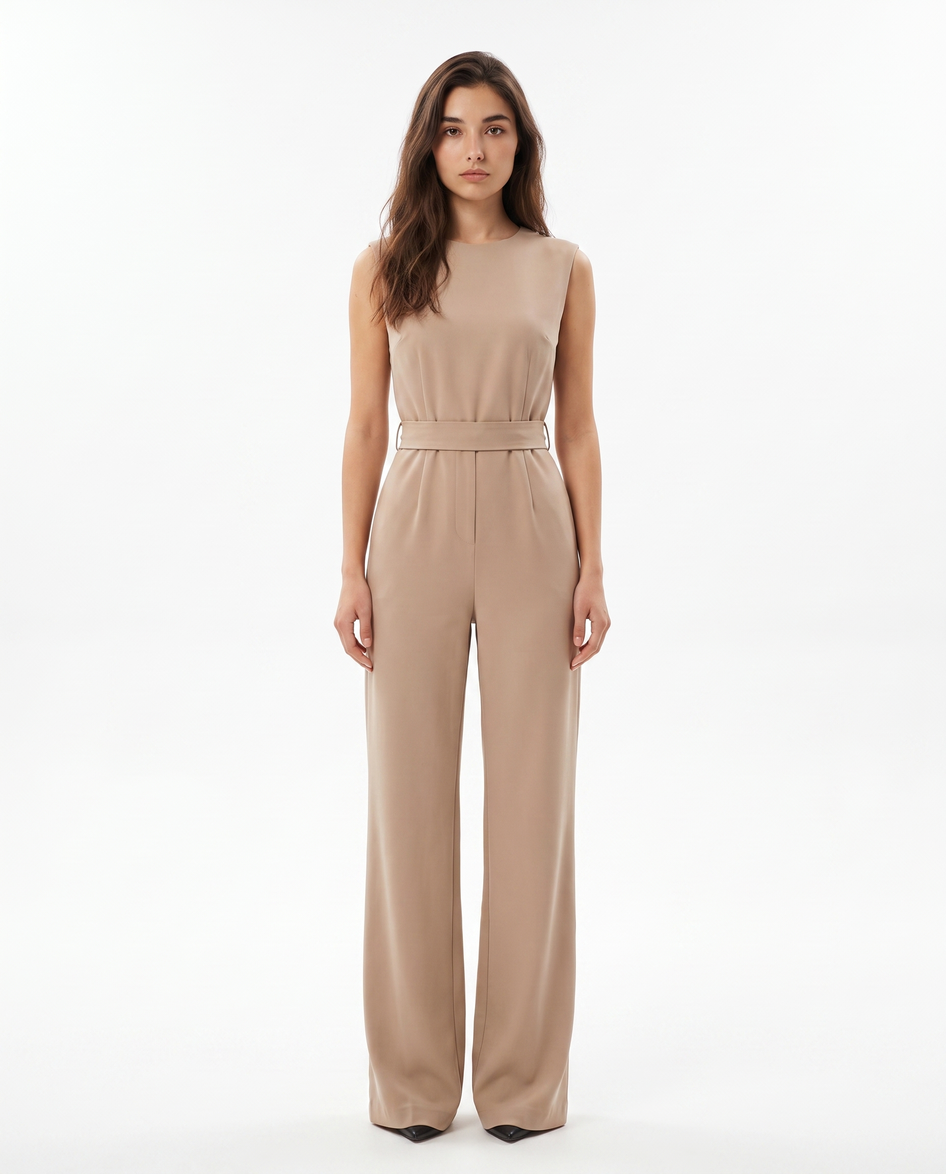 Beige sleeveless wide-leg jumpsuit with sash tie at waist and zip-front, front view