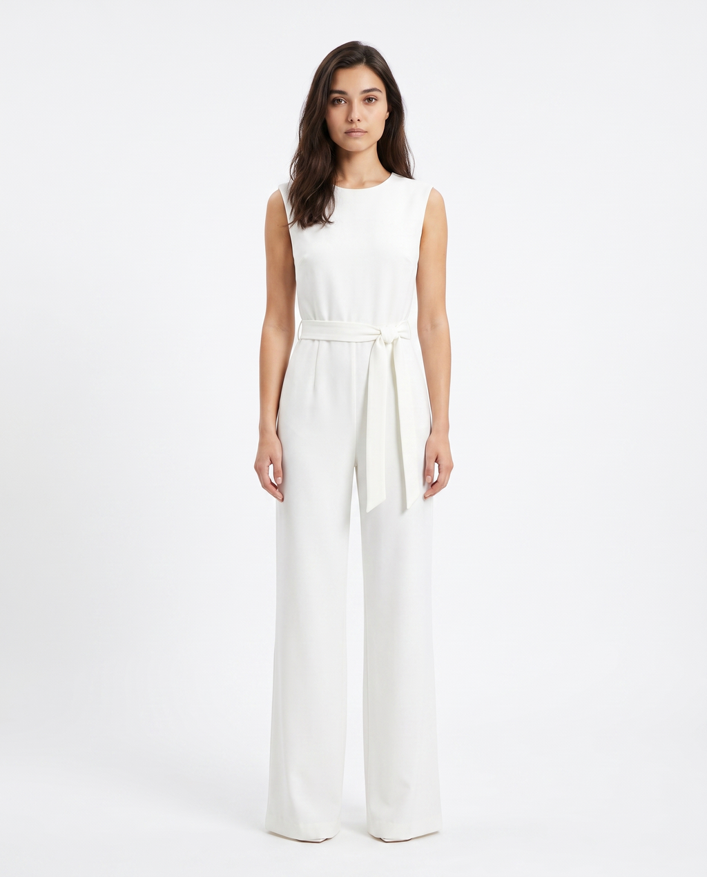 White sleeveless wide-leg jumpsuit with tie-waist sash and high neckline