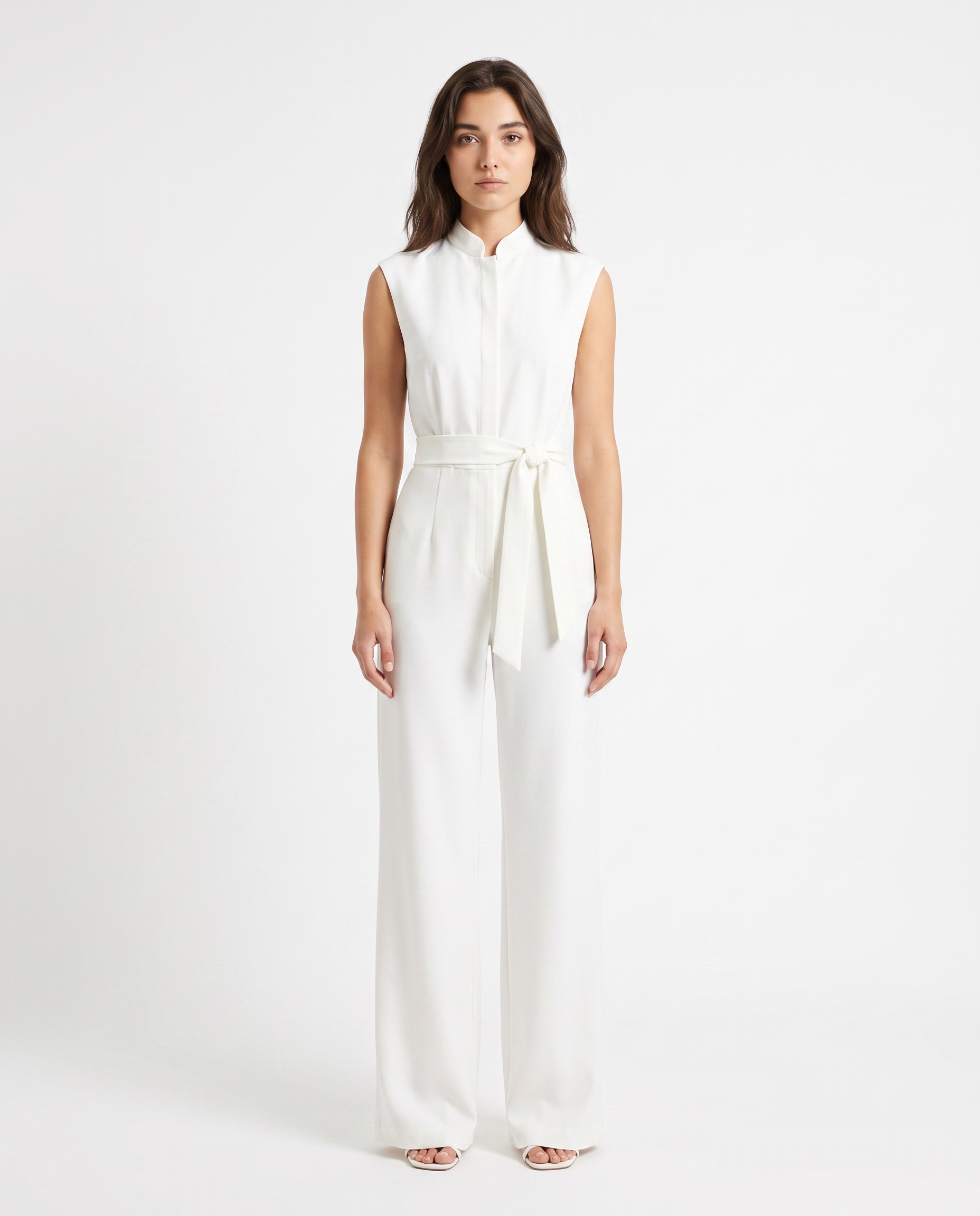 White sleeveless wide-leg jumpsuit with tie-waist sash and high neckline, full length