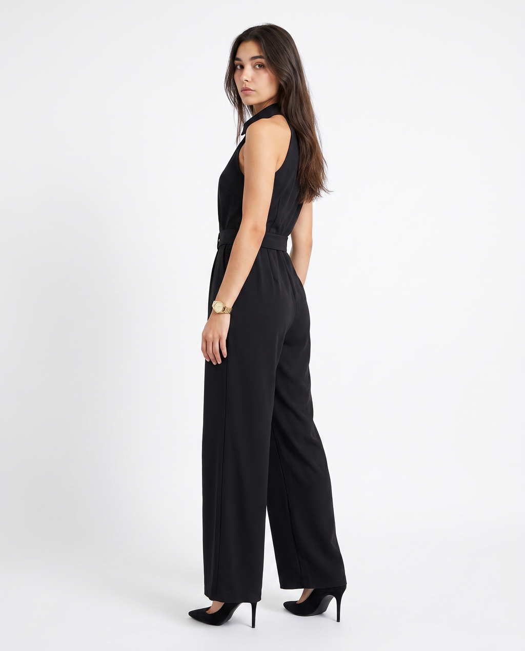 Black sleeveless wide-leg jumpsuit with zip-front and tie-waist belt, side view