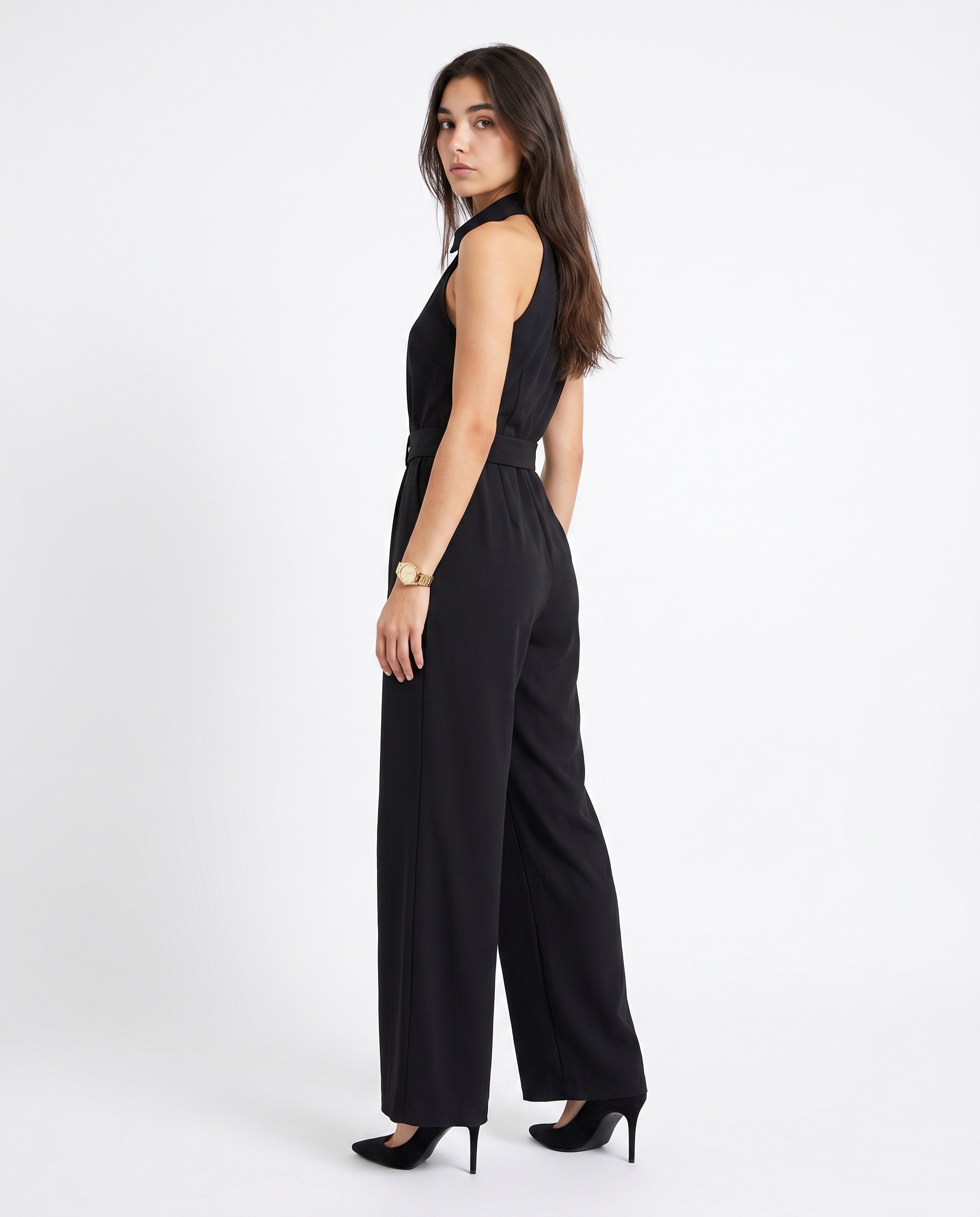 Black sleeveless wide-leg jumpsuit with zip-front and tie-waist belt, side view
