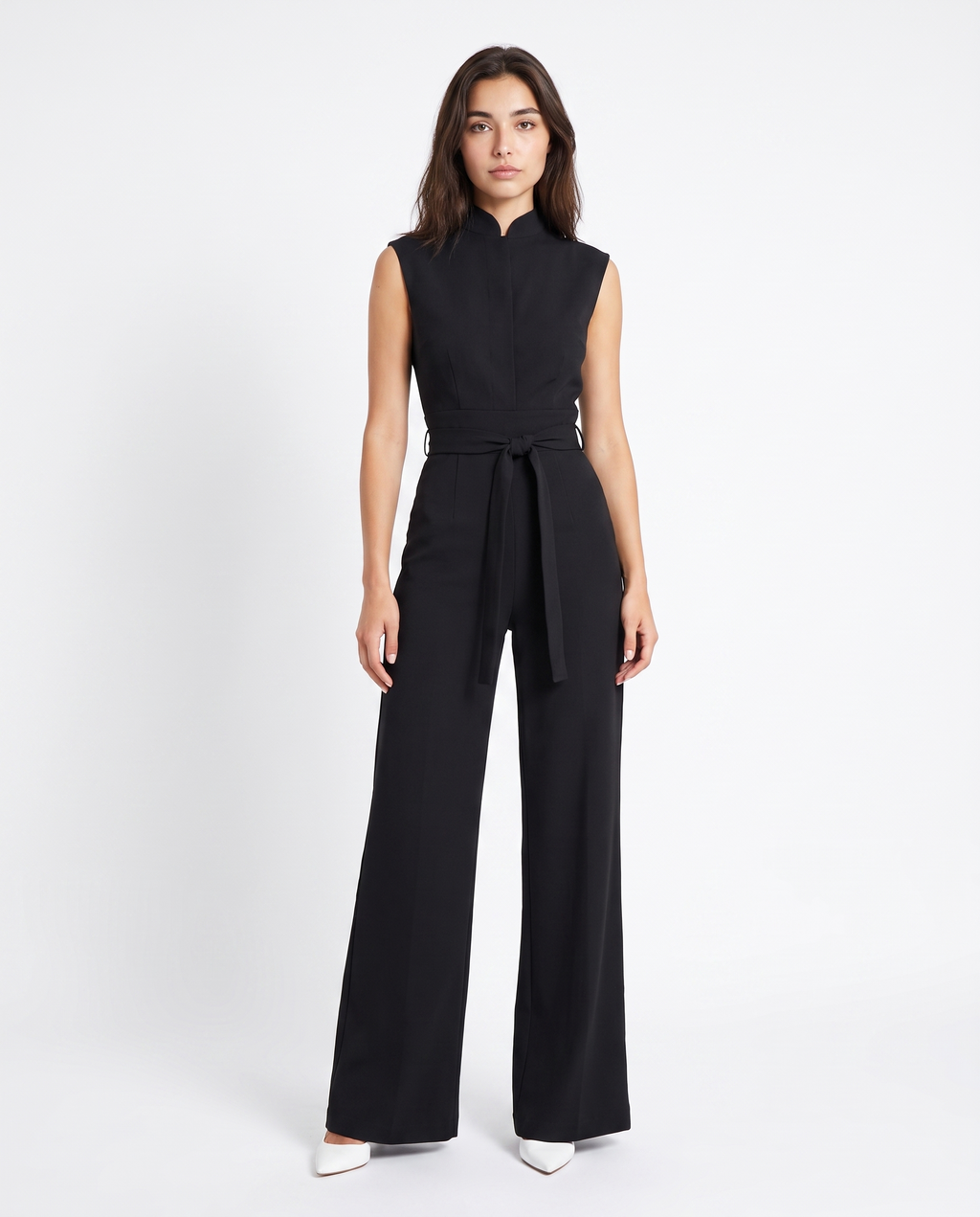 Black sleeveless wide-leg jumpsuit with zip-front and tie-waist belt, front view